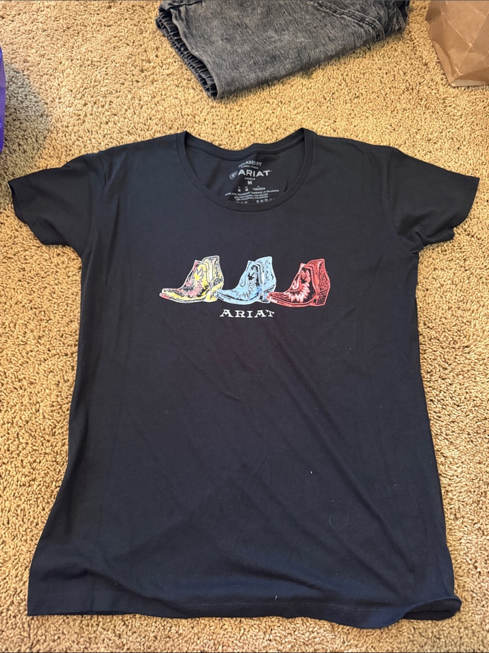Ariat Black Short Sleeve Tee with Yellow Blue Red Boot Graphics